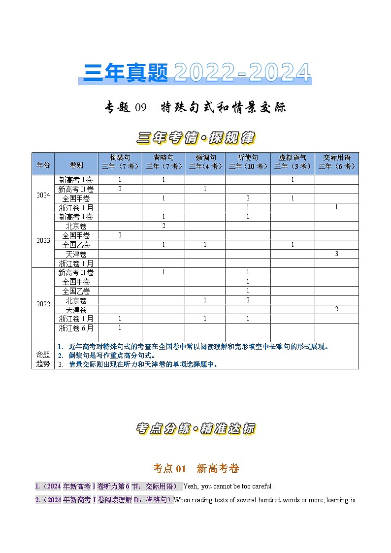 三年（2022-2024）高考英语真题分类汇编（全国通用）专题09 特殊句式和情景交际（原卷版）01