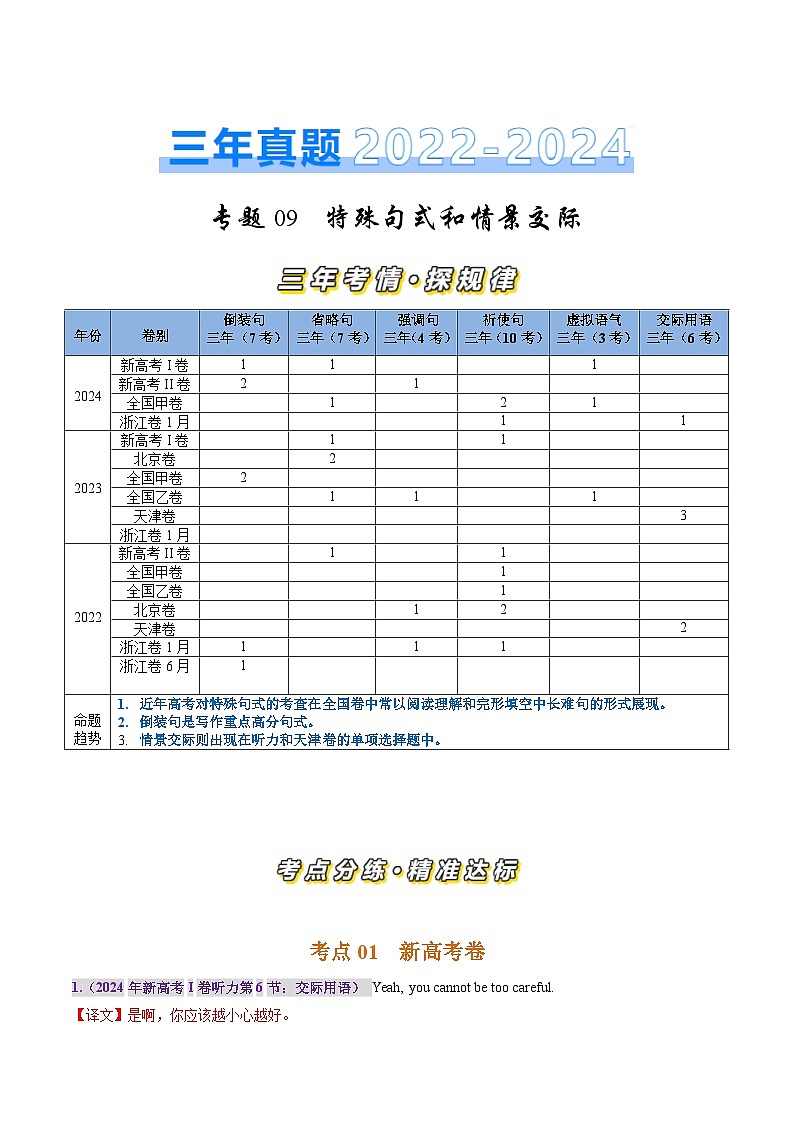 三年（2022-2024）高考英语真题分类汇编（全国通用）专题09 特殊句式和情景交际（解析版）01