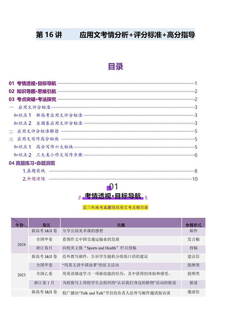 第16讲 应用文写作考情分析+评分标志+易错点（讲义）（教师版） 2025年高考英语一轮复习讲练测（新教材新高考）第1页