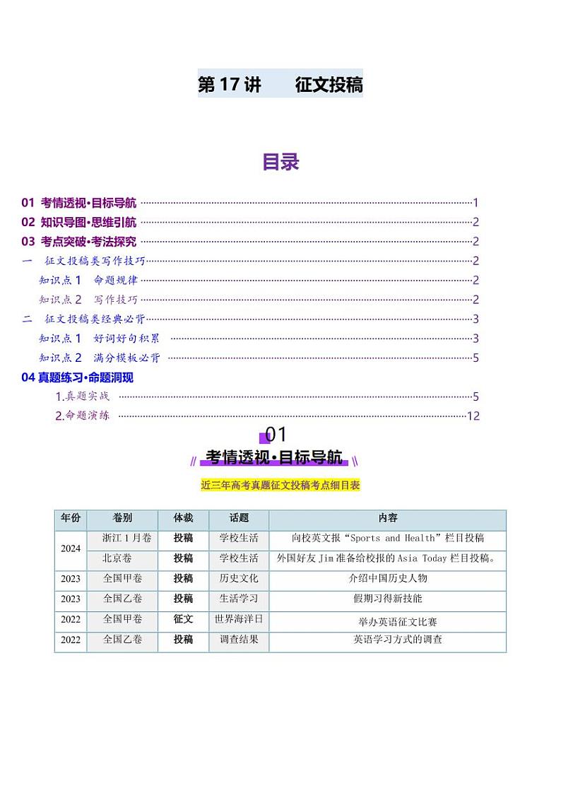 第17讲 征文投稿（讲义）-（教师版） 2025年高考英语一轮复习讲练测（新教材新高考）第1页