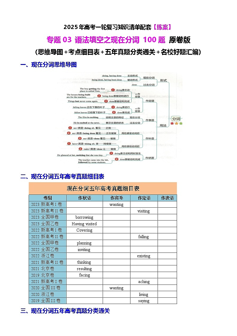 2025年高考英语一轮复习知识清单（全国通用）专题03 语法填空之现在分词100题（练案）原卷版第1页