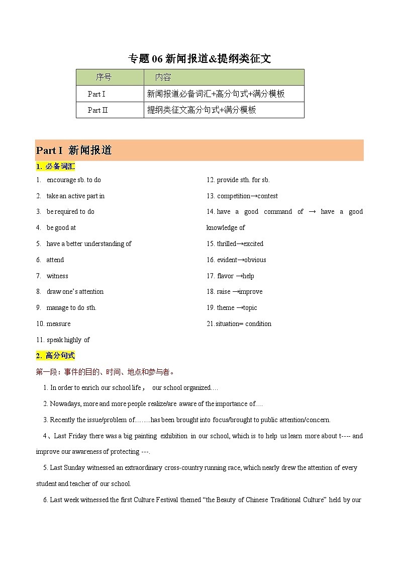 练习 专题06-新闻报道&提纲类征文 应用文写作-备战高考英语【应用文+读后续写】讲练测（高考新题型）第1页