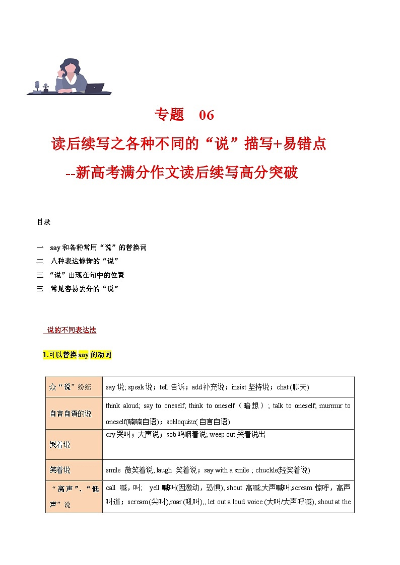 学案 专题 06 读后续写之 各种不同的“说”描写+易错点 新高考英语满分作文读后续写高分突破+万能金句第1页