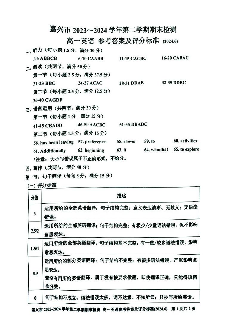 嘉兴市2023-2024学年高一第二学期期末测试+英语试卷答案01