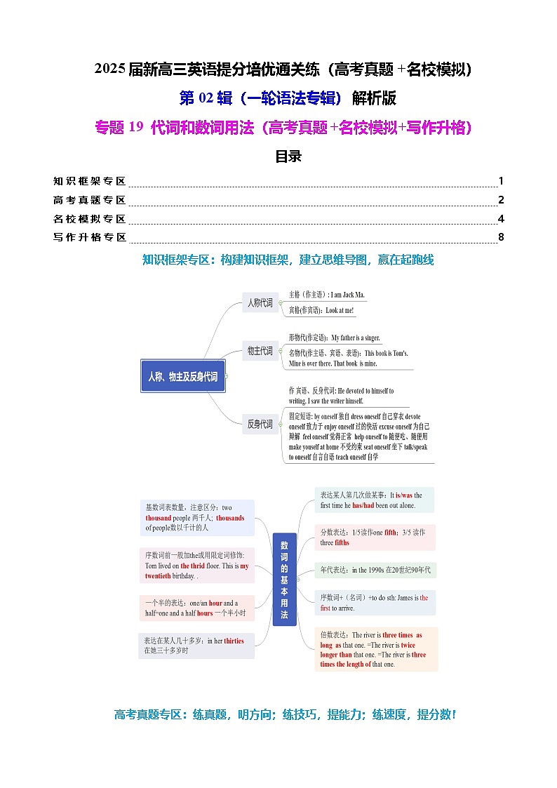 第02辑一轮语法  专题19 代词和数词用法（高考真题+名校模拟+写作升格）-2025届新高三英语提分培优通关练（高考真题+名校模拟）解析版第1页