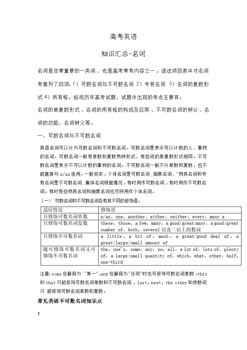 高考英语：知识汇总-名词（学案）第1页
