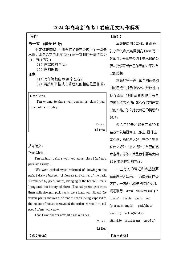 2024年高考英语真题（新高考I卷）应用文写作及读后续写 解读分析学案第1页