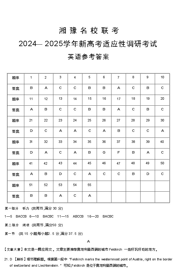 湘 豫 名 校 联 考2024—2025学年新高考适应性调研考试英语试卷及参考答案01