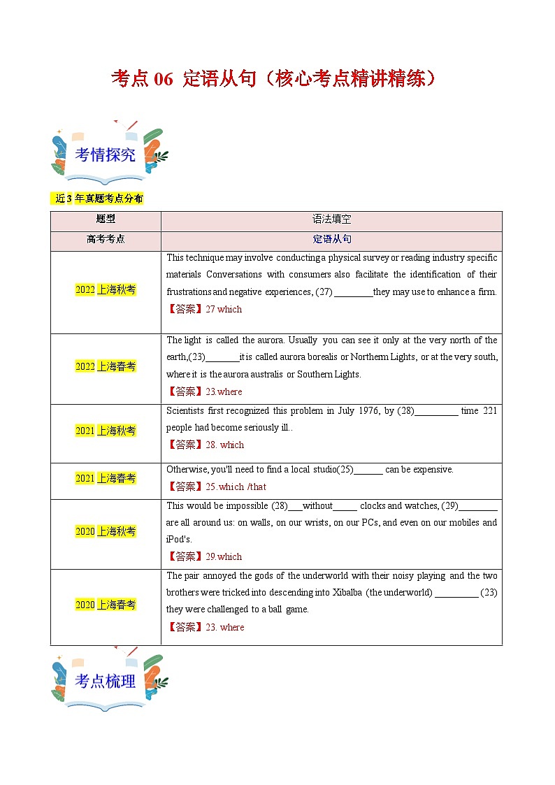 06 定语从句（核心考点精讲精练）2025年高考英语一轮复习（上海专用）（教师版带解析）第1页