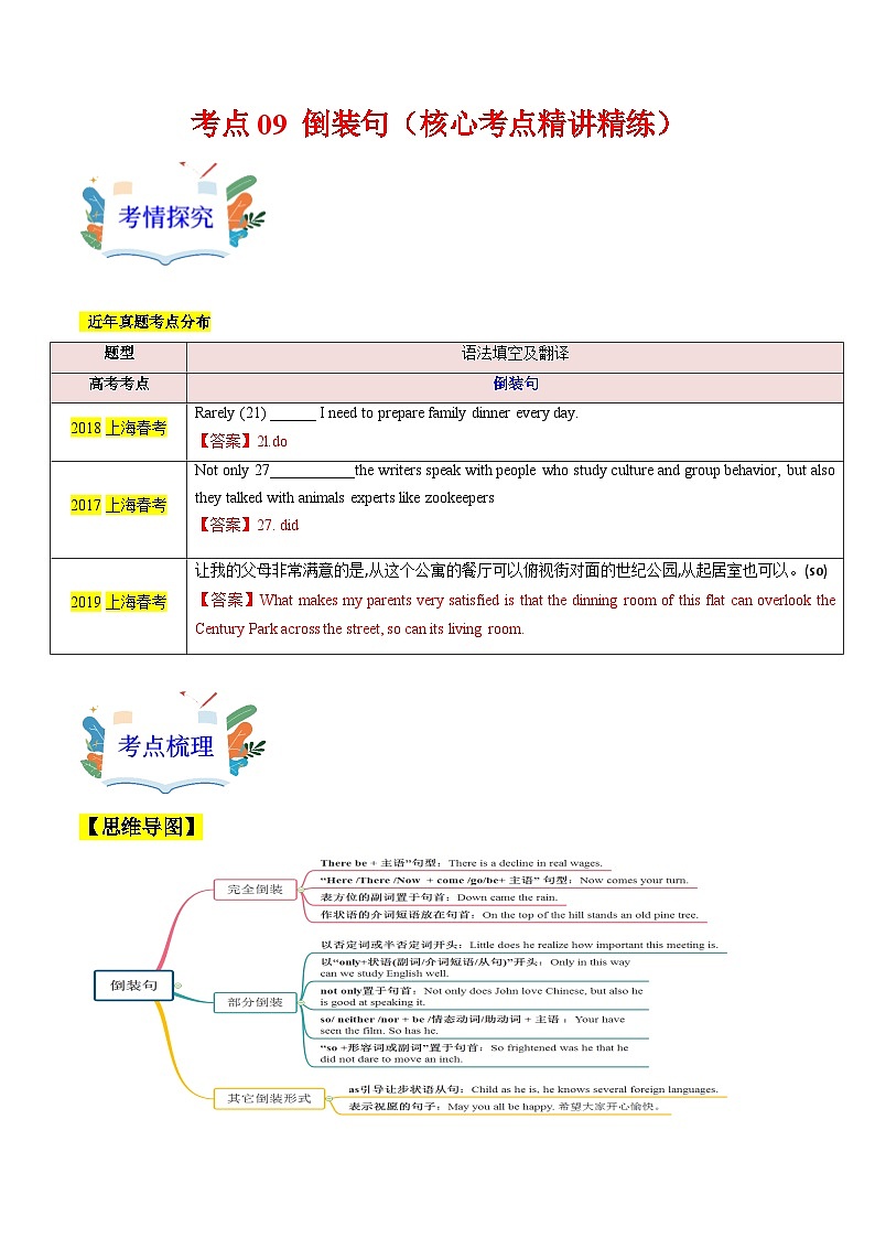 09 倒装句（核心考点精讲精练）2025年高考英语一轮复习（上海专用）（学生版无答案）第1页