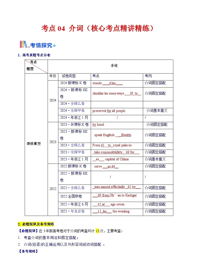 2025年高考英语考点专项突破(新高考通用)第3部分语法讲练考点04介词(短语)(核心考点精讲精练)(学生版+解析)第1页