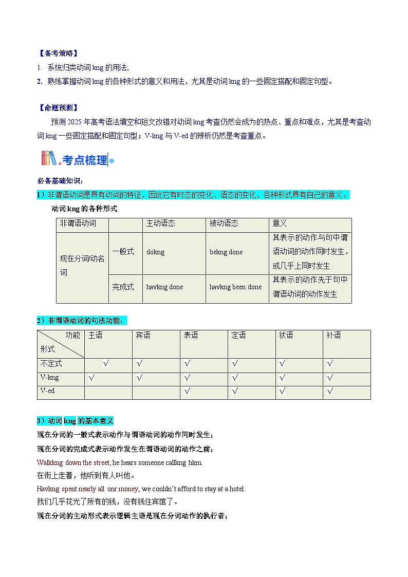 2025年高考英语考点专项突破(新高考通用)第3部分语法讲练考点12动词ing(核心考点精讲精练)(学生版+解析)02