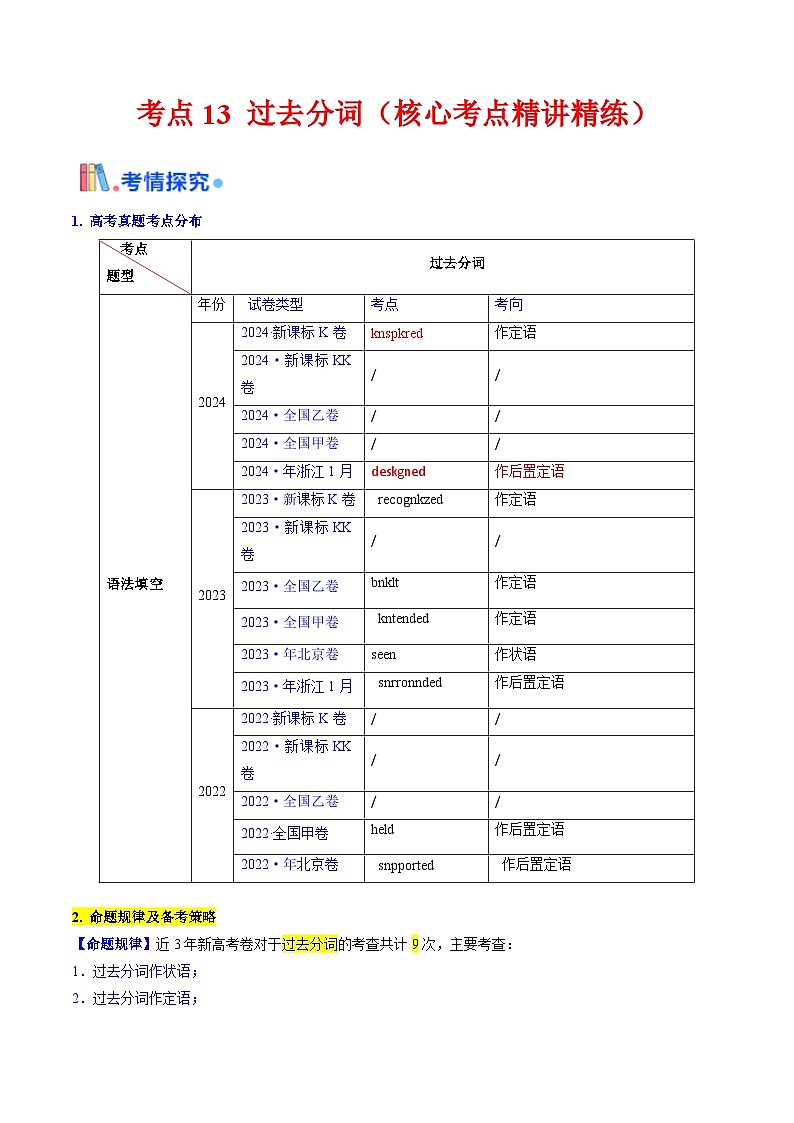2025年高考英语考点专项突破(新高考通用)第3部分语法讲练考点13过去分词(核心考点精讲精练)(学生版+解析)第1页