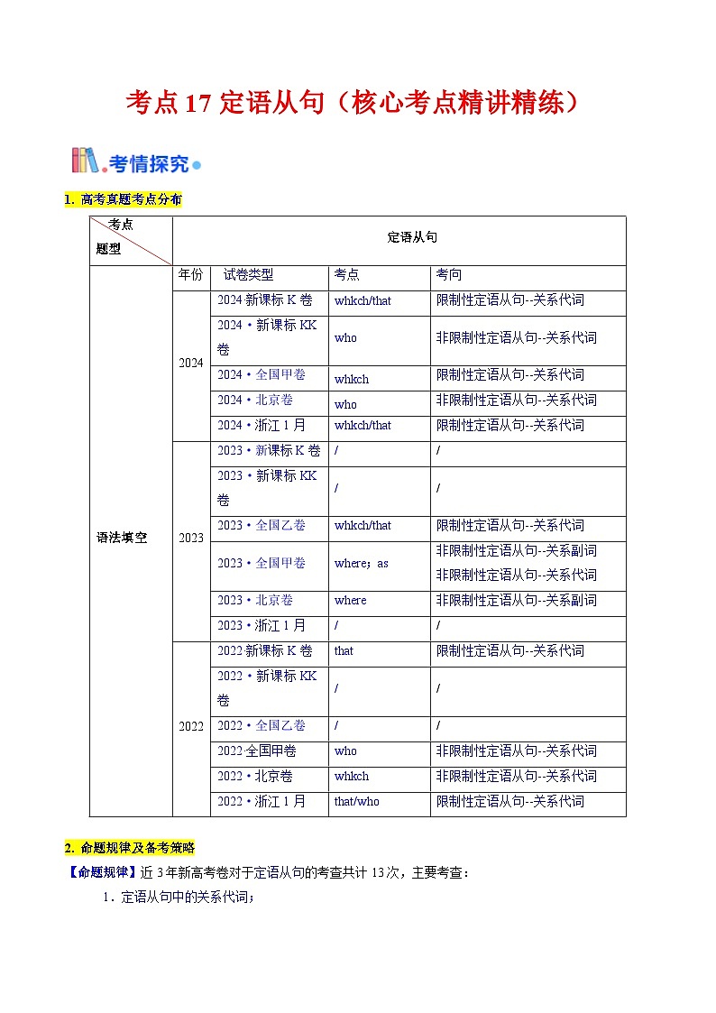 2025年高考英语考点专项突破(新高考通用)第3部分语法讲练考点17定语从句(核心考点精讲精练)(学生版+解析)第1页