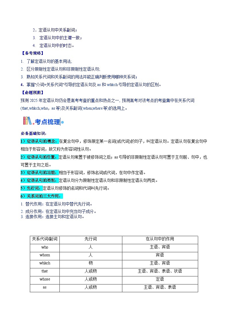 2025年高考英语考点专项突破(新高考通用)第3部分语法讲练考点17定语从句(核心考点精讲精练)(学生版+解析)第2页