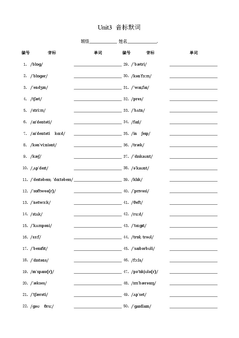 人教版必修第二册Unit3_音标默词   练习第1页