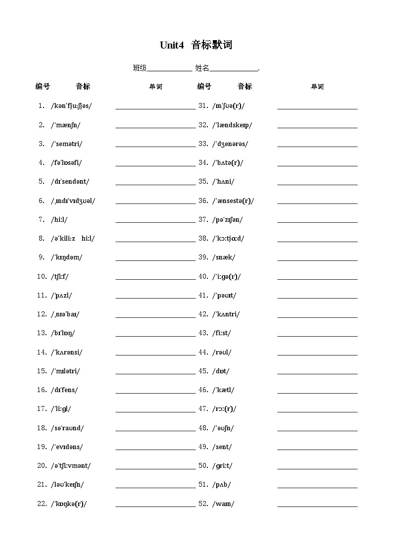 人教版必修第二册Unit4音标默词练习第1页