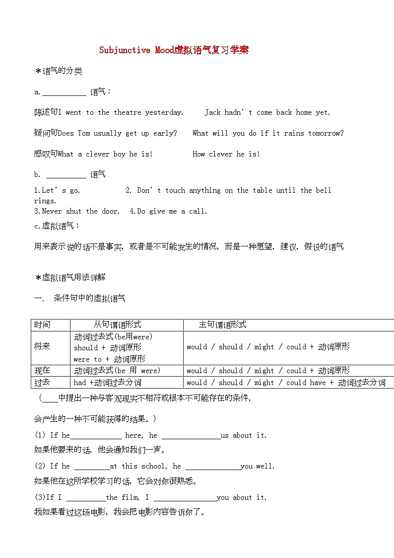 2022年高考英语SubjunctiveMood虚拟语气复习学案牛津版01