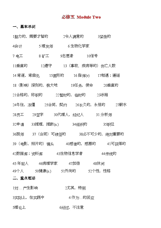 2022年高考英语第二模块ModuleTwo复习学案外研版必修5第1页