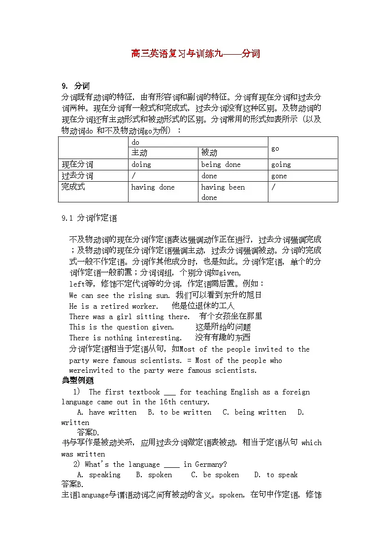 2022年高三英语复习与训练九分词第1页