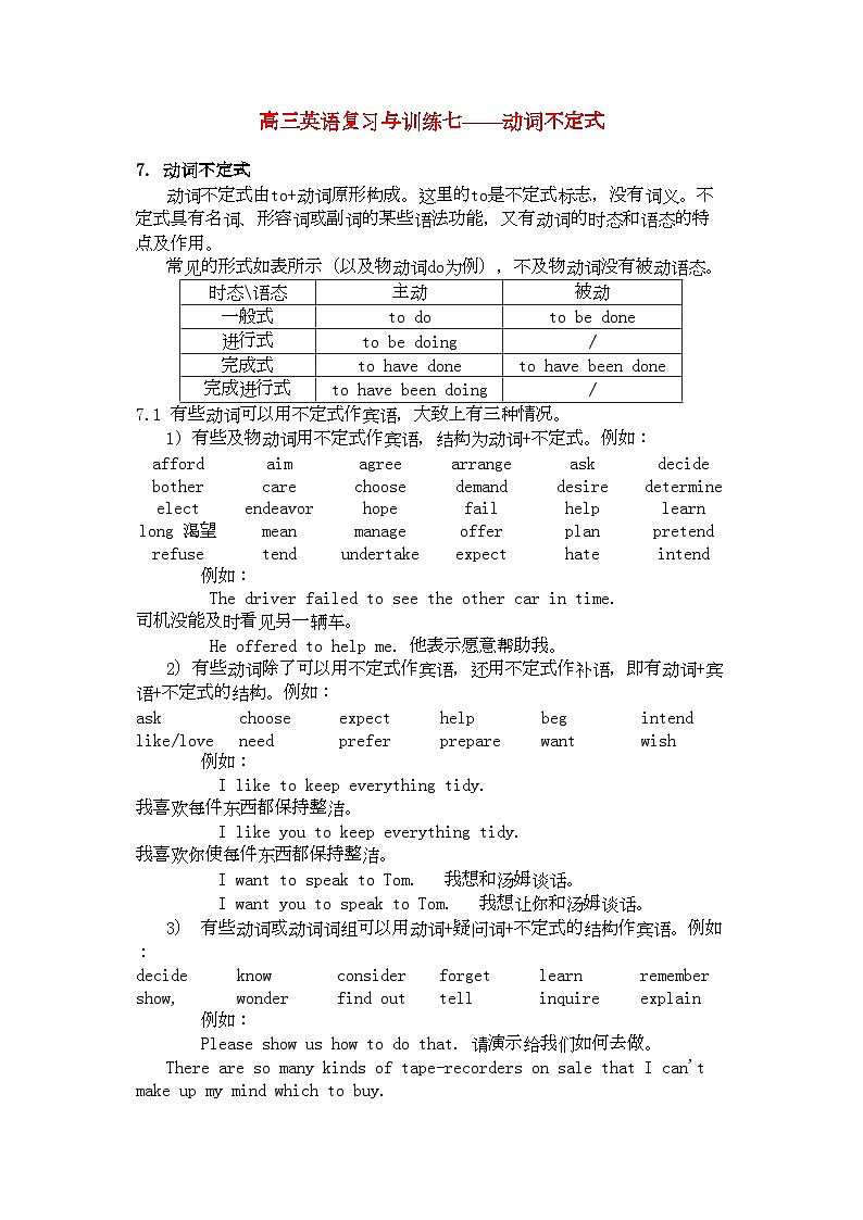 2022年高三英语复习与训练七动词不定式第1页