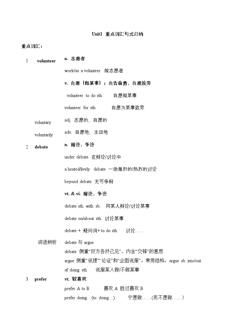 人教必修一Unit1 重点词汇句式归纳 练习第1页