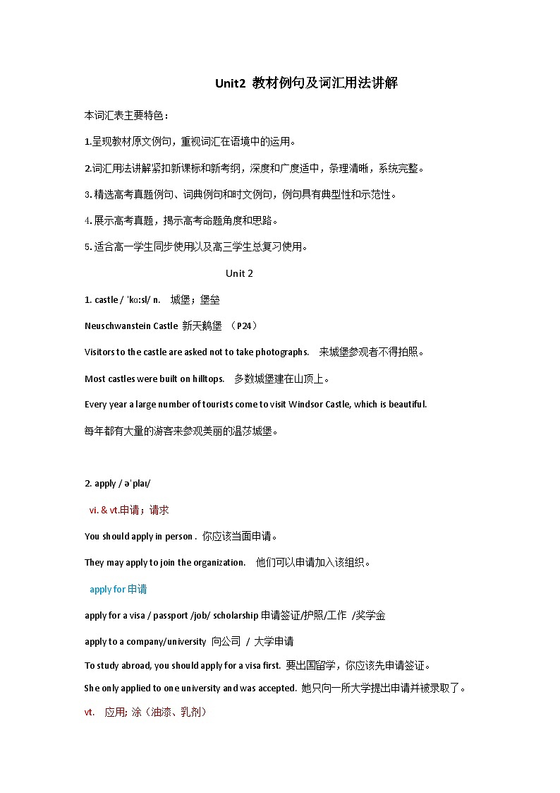 人教必修一Unit2_教材例句及词汇用法讲解 讲义第1页