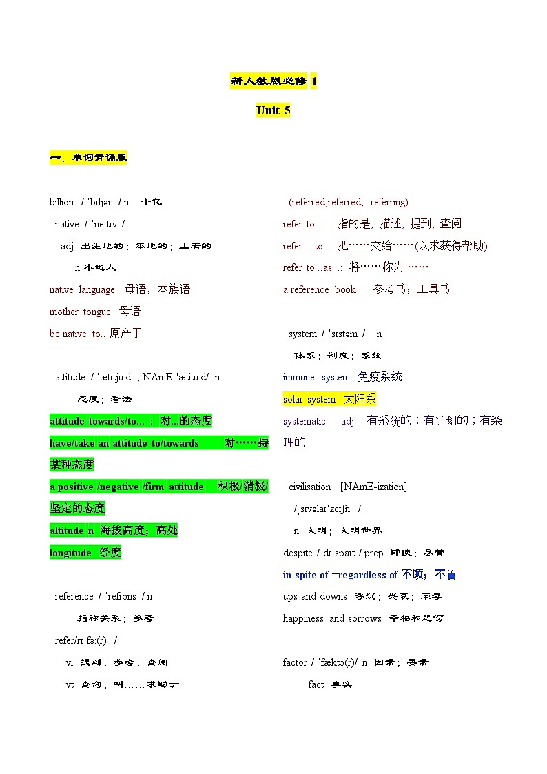 人教必修一Unit 5 重难词汇过关练第1页