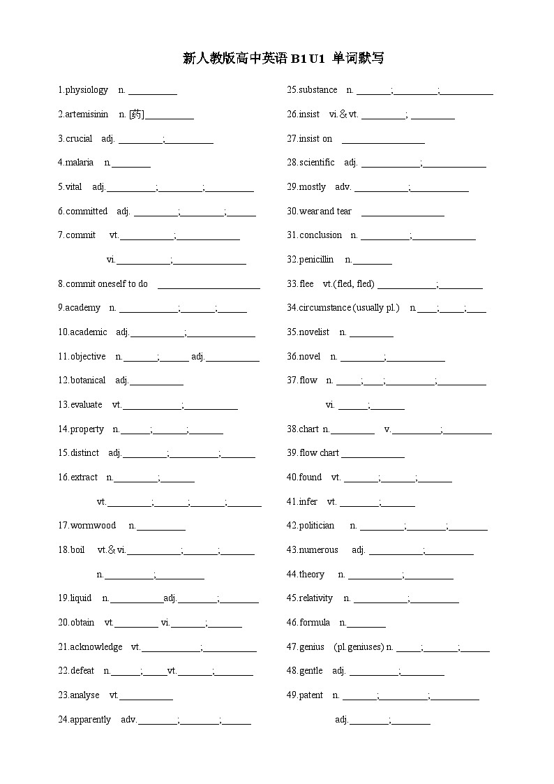 人教必修一Unit 1 单词默写＋知识点读背第1页