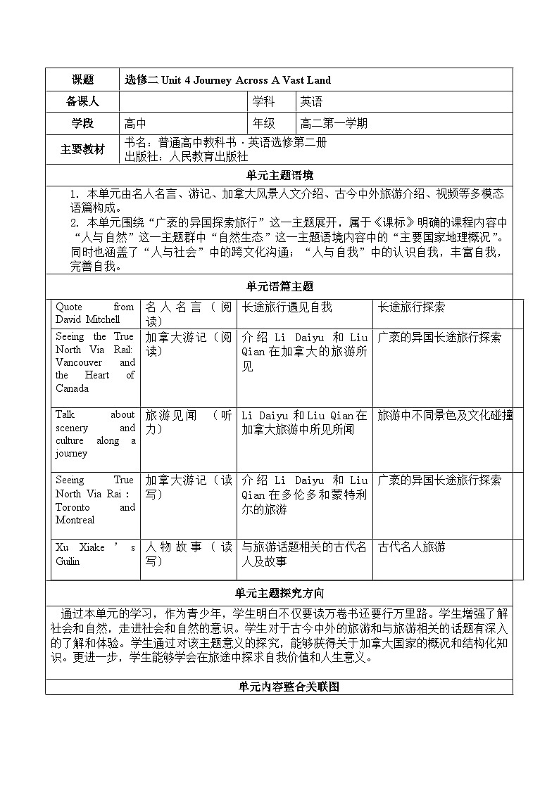 人教版选择性必修第二册Unit4 Journey Across A Vast Land教学设计第1页