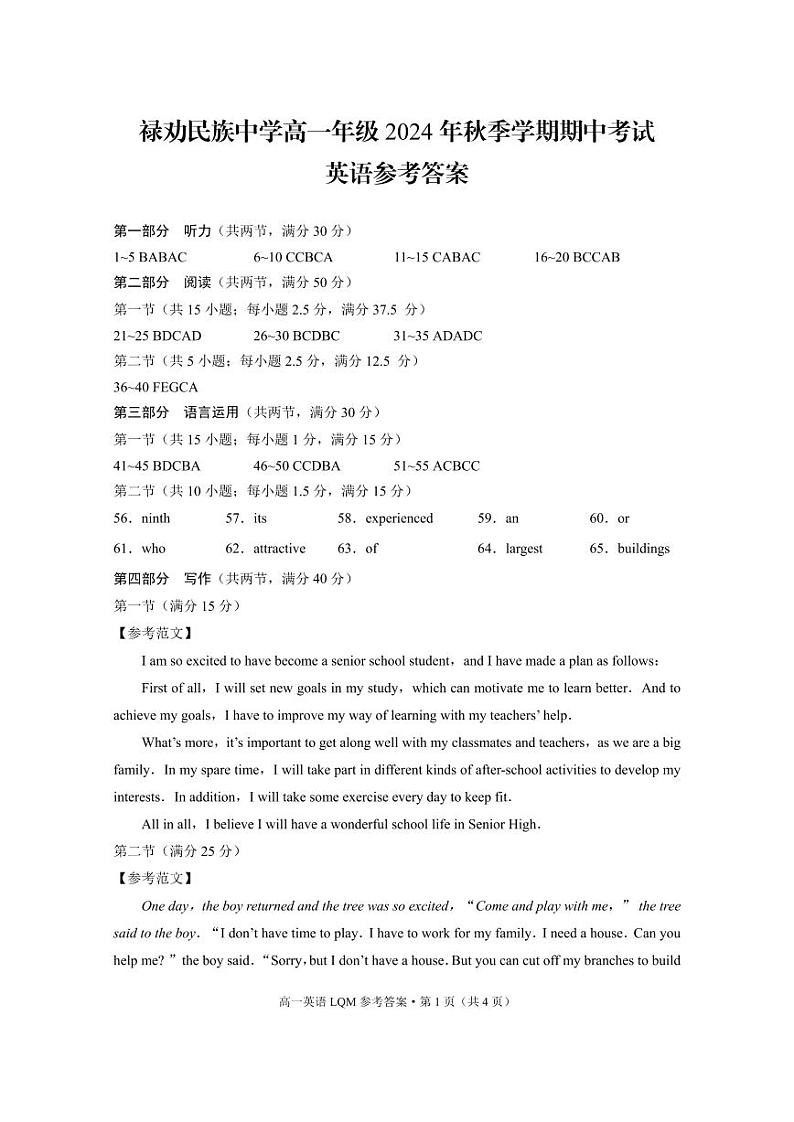 云南省昆明市禄劝民族中学2024-2025学年高一上学期期中考试英语试题01