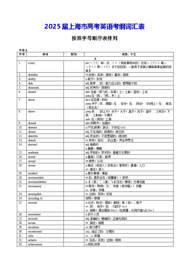 2025届上海市高考英语考纲词汇表 学案第1页