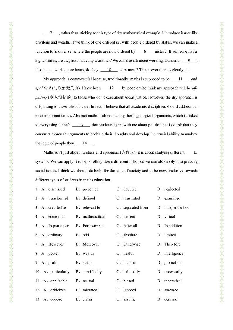 Welcome Unit 完形填空精练（知识&题型大冲关）（原卷版）-人教版2019必修第一册高一英语题型练习02