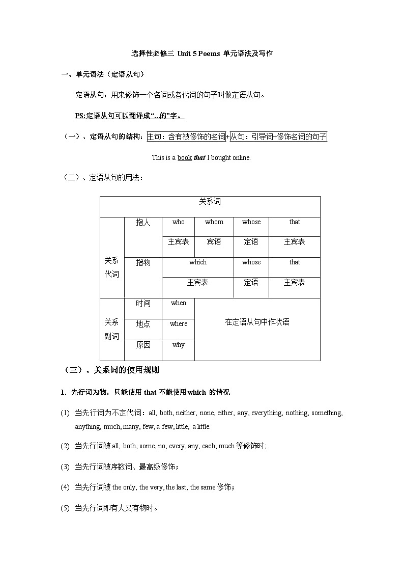 人教版高中英语选择性必修第三册Unit5 单元语法和写作练习第1页