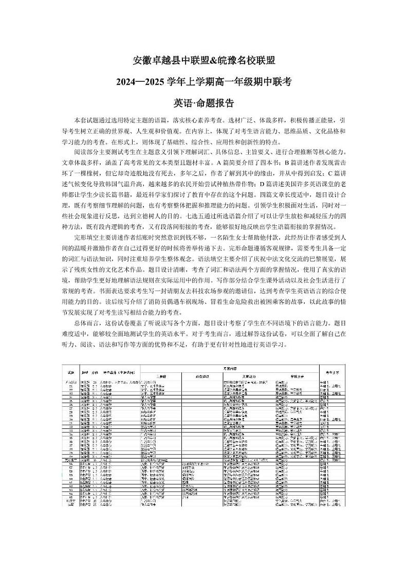 安徽卓越县中联盟 & 皖豫名校联盟   2024-2025学年上学期高一年级期中联考英语试卷及参考答案含听力01