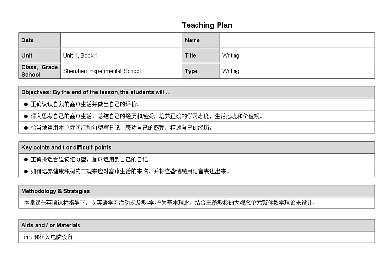外研必修第一册Unit1 Developing ideas-writing 名师教学设计101