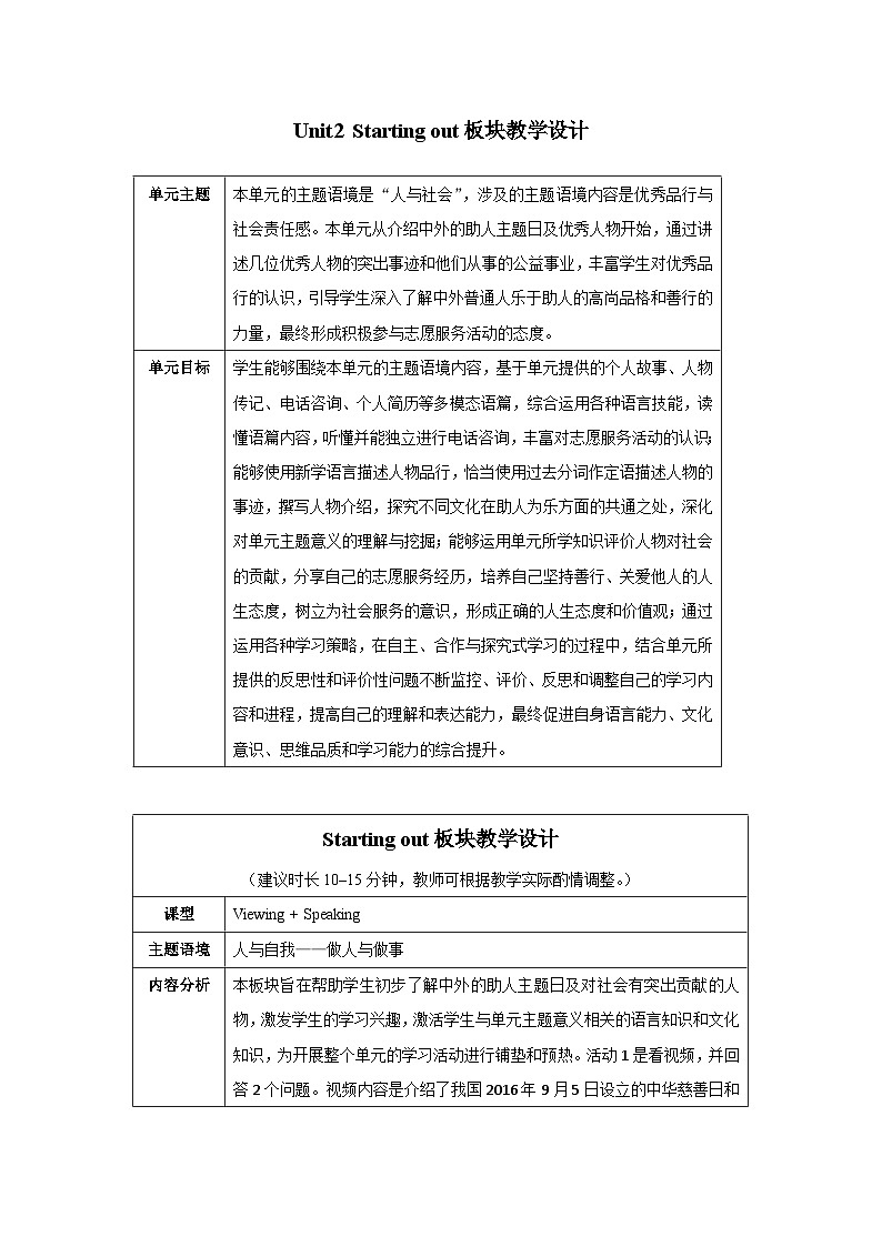 外研必修第三册Unit2_Starting_out_板块教学设计第1页