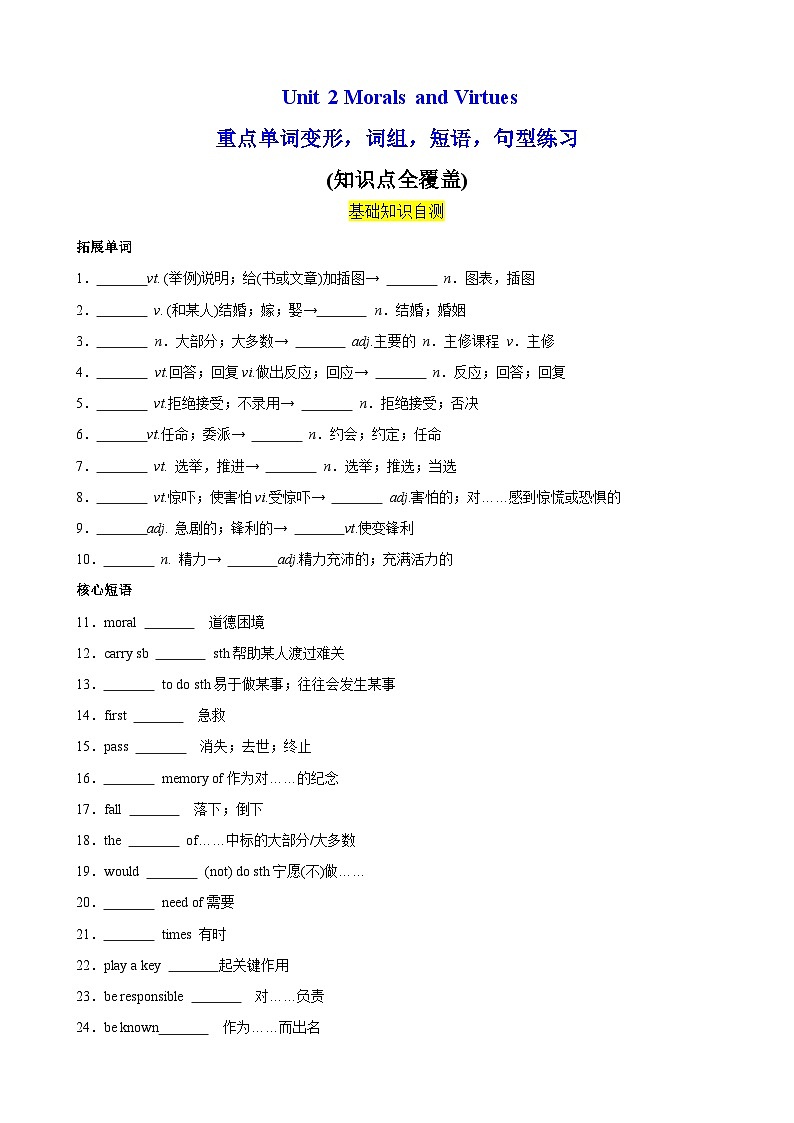 人教版（2019）高中英语必修第三册Unit 2《Mors and Virtues》 重点单词，短语，句型，语法专项训练 (原卷)第1页