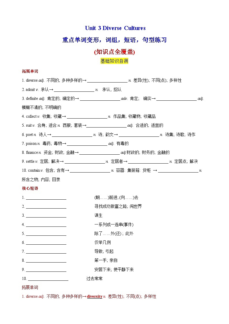人教版（2019）高中英语必修第三册Unit 3《Diverse Cultures 》重点单词，短语，句型，语法专项训练 (解析卷)第1页