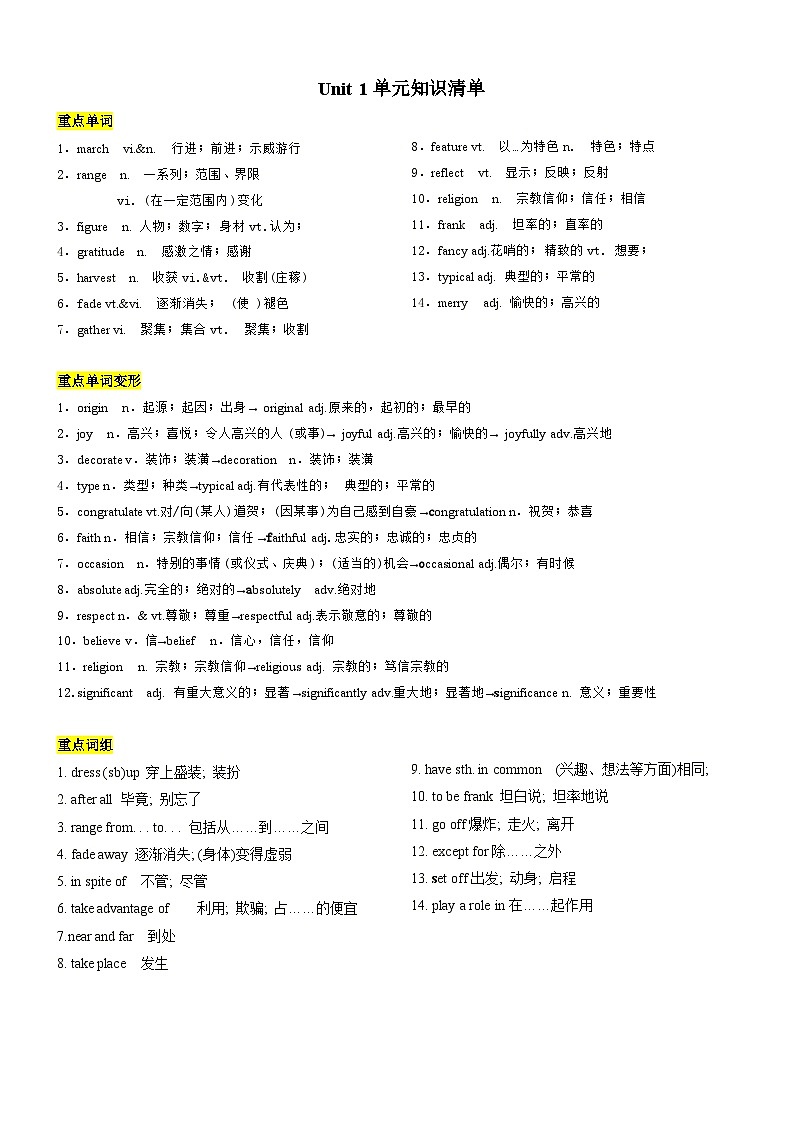 人教版（2019）高中英语必修第三册Unit 1《Festivals and Celebrations》单元知识清单01