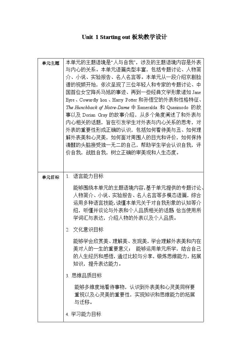 外研选择性必修第三册Unit1_Starting_out板块教学设计第1页