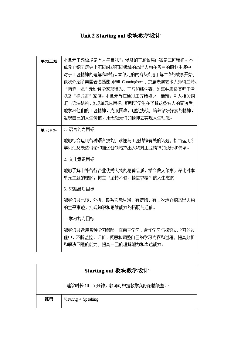 外研选择性必修第三册Unit2_Starting_out板块教学设计第1页