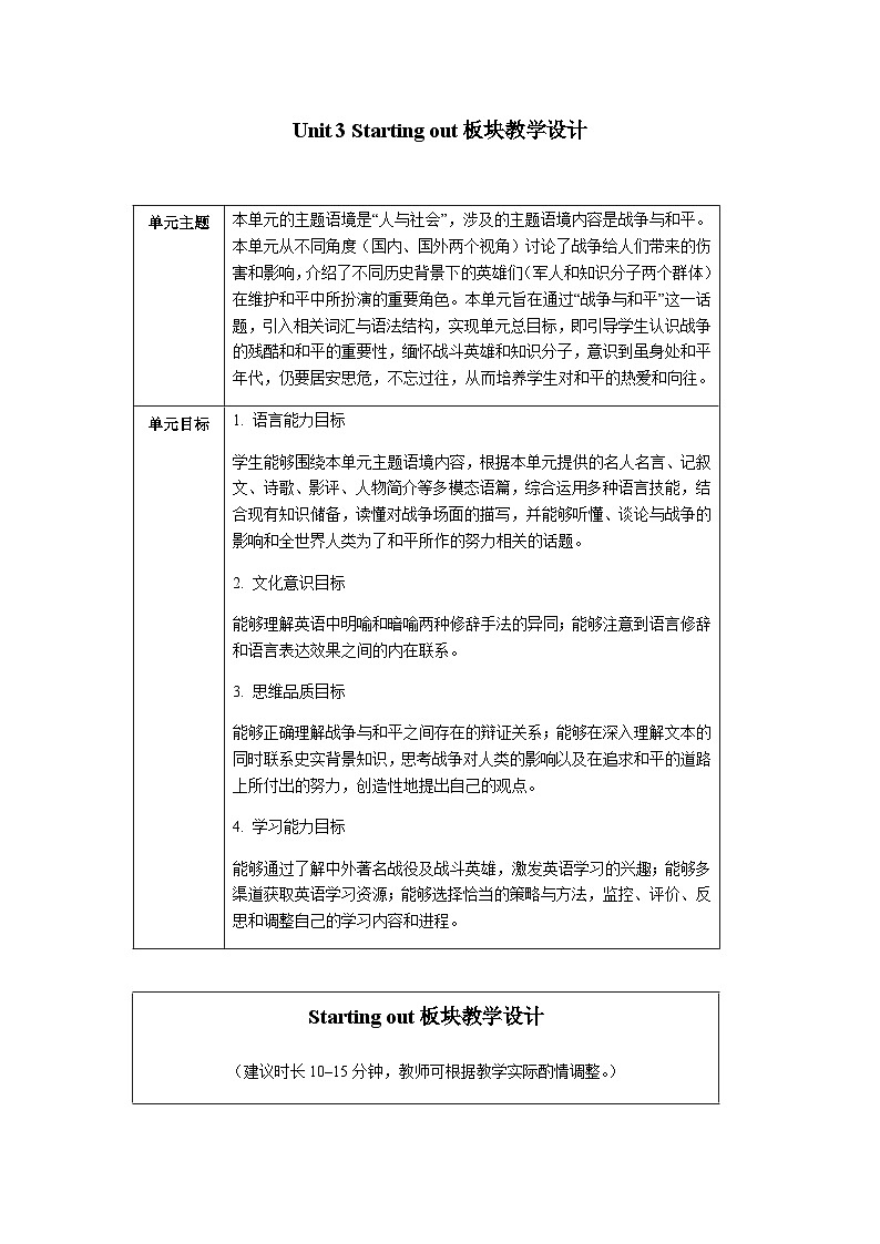 外研选择性必修第三册Unit3_Starting_out_板块教学设计第1页