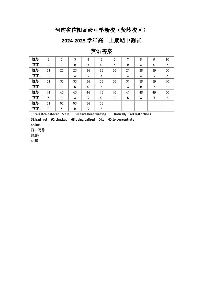 河南省信阳高级中学新校（贤岭校区）2024-2025学年高二上期期中测试英语答案第1页