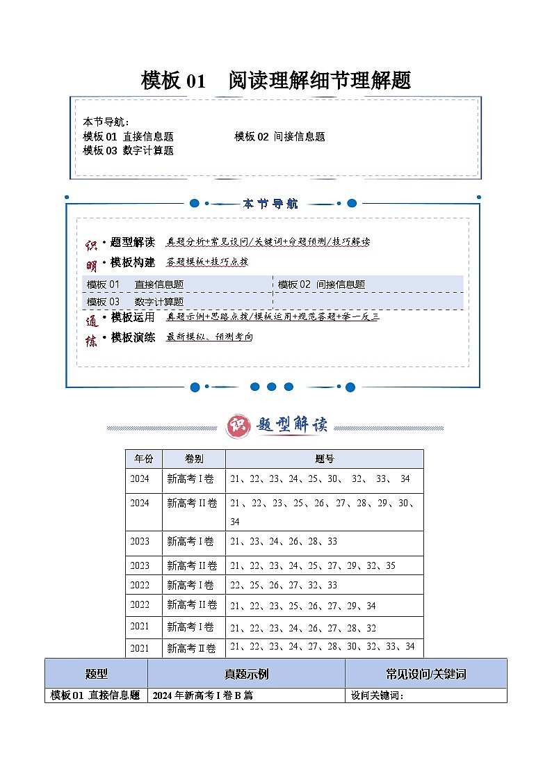 模板01 阅读理解细节理解题-原卷版（答题模板）-2025年高考英语答题技巧与模板构建第1页