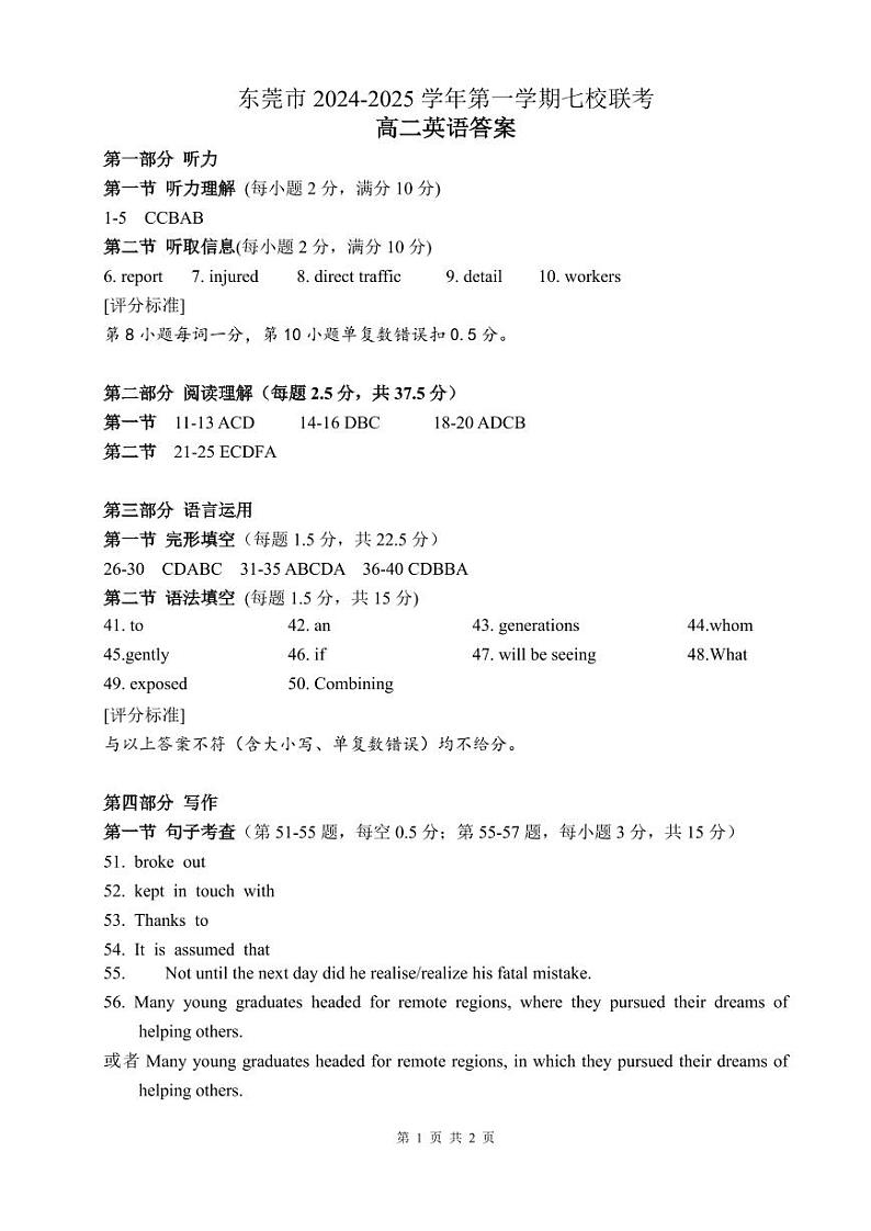 2024-2025学年第一学期七校联考高二英语答案第1页