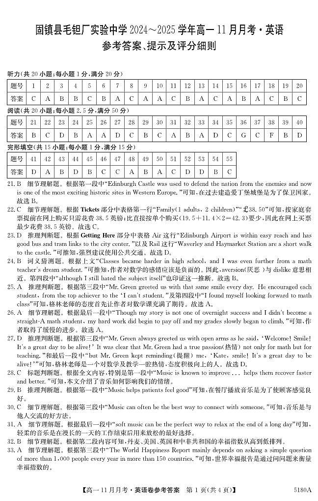 安徽省蚌埠市固镇县毛钽厂实验中学2024-2025学年高一上学期11月月考试英语试题答案第1页