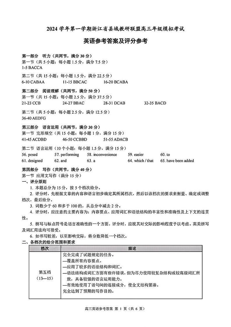 浙江省县域教研联盟2025届高三摸底考试英语答案第1页