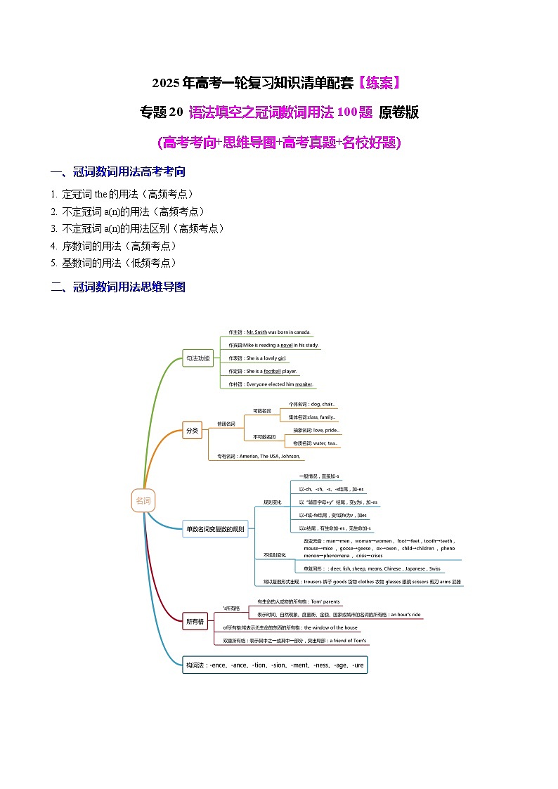 专题20 语法填空之冠词数词用法100题（练案）-2025年高考英语一轮复习（全国通用）原卷版第1页