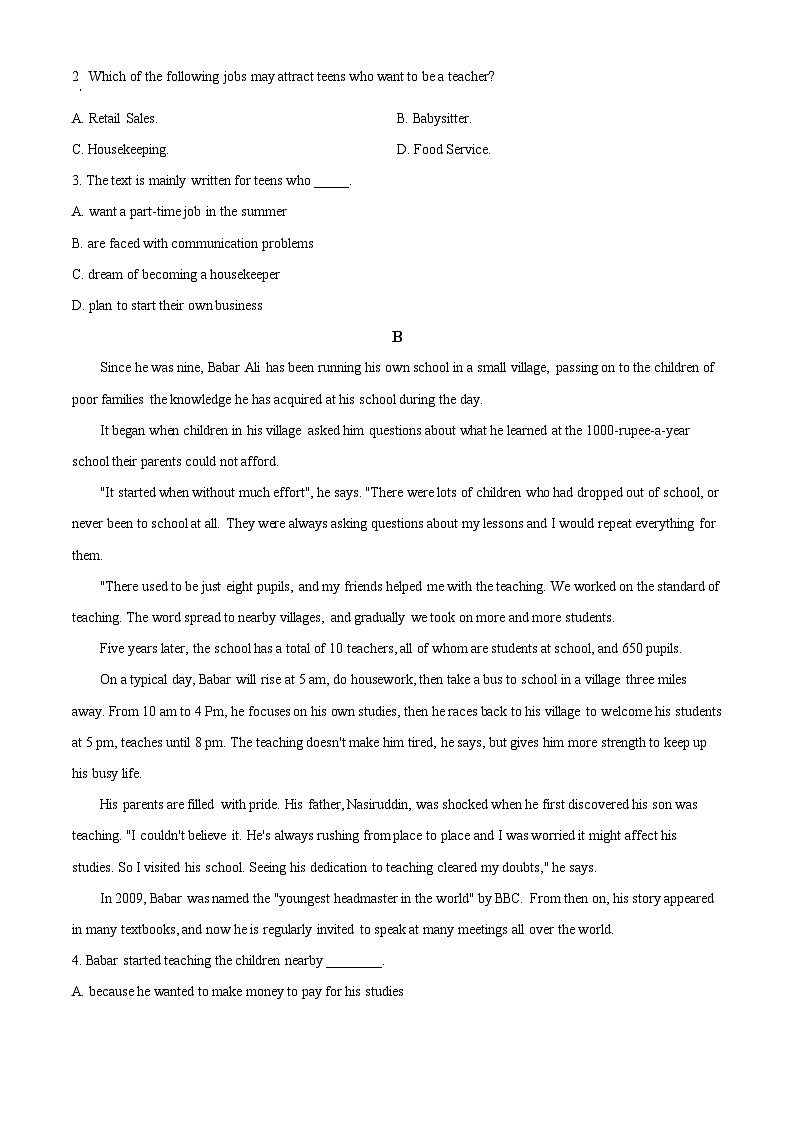 浙江省杭州师范大学附属中学2024-2025学年高一上学期期中考试英语试卷 Word版无答案第2页